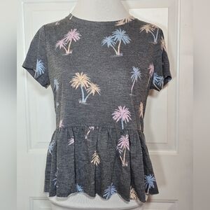 LC Lauren Conrad Gray Short Sleeve Palm Tree Cut Hem Peplum Top Medium